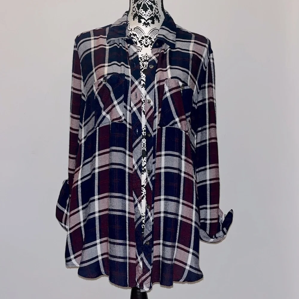 miami Plaid Button-Up Shirt in Black, White, Burgundy - Picture 1 of 4